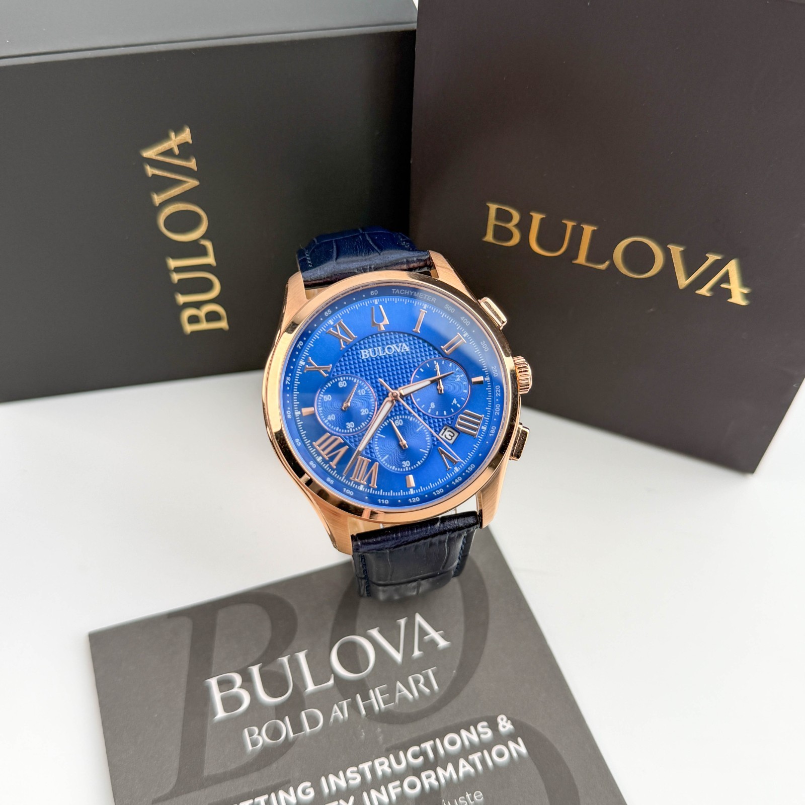 Bulova Classic 97B170 Wilton Blue Dial Chrono Leather Strap Men’s Watch 46mm