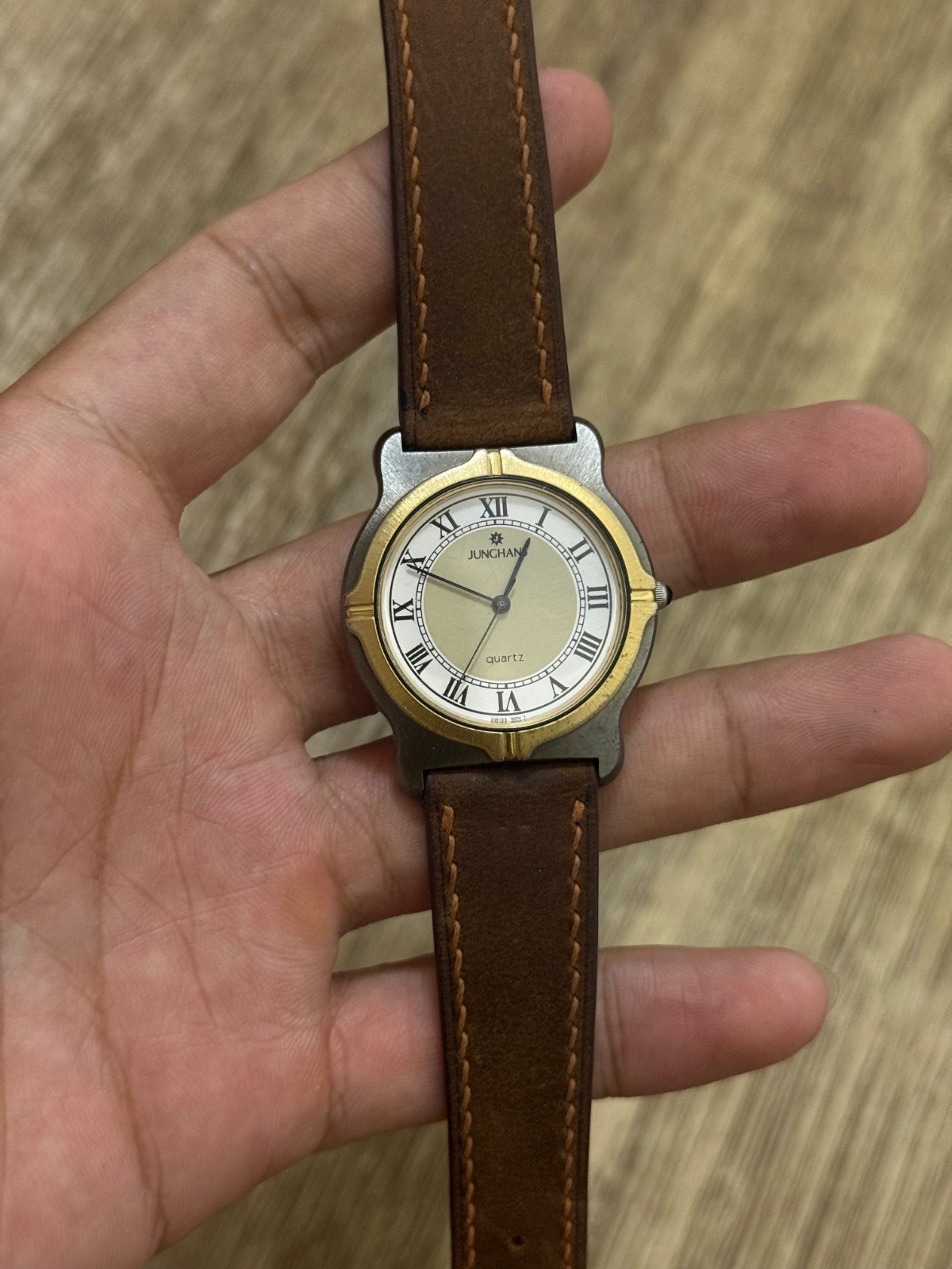 Vintage Junghans Quartz Two-Tone Roman Dial Men’s Watch 34.8mm New Leather Strap