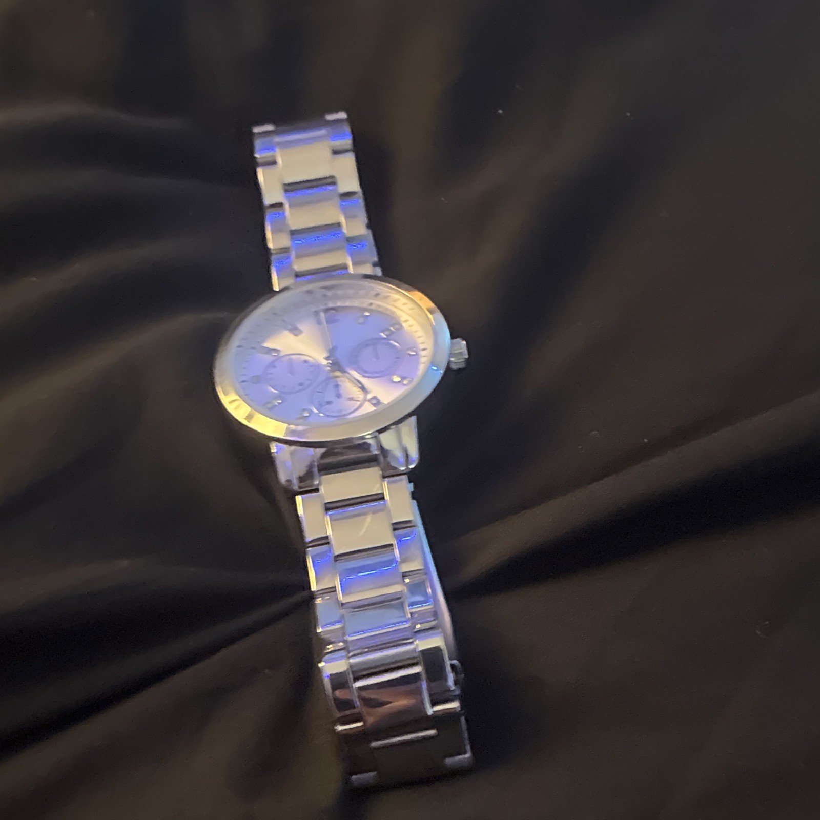 Silver Tone Round Analog Wristwatch White Dial Arabic & Gemstone Markers