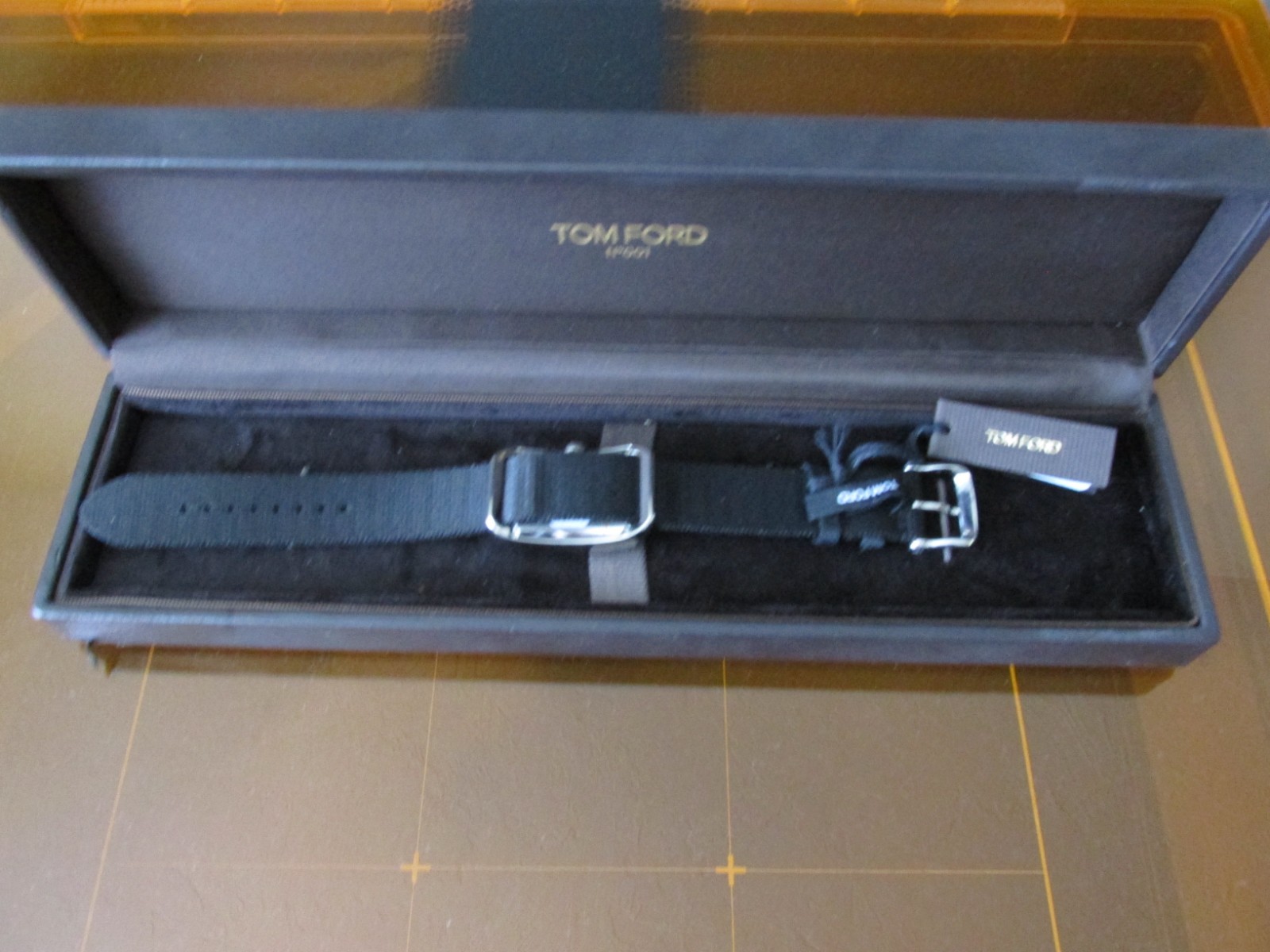 Tom Ford Men’s Rectangular Analog Wristwatch Silver Dial NATO Strap Box, new Bat