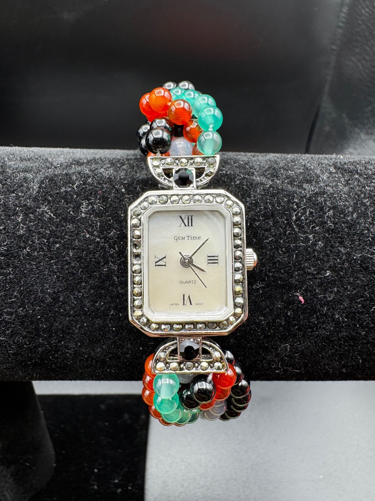 Geneva Watch with Green/Black/Red Bead Band 8 inches