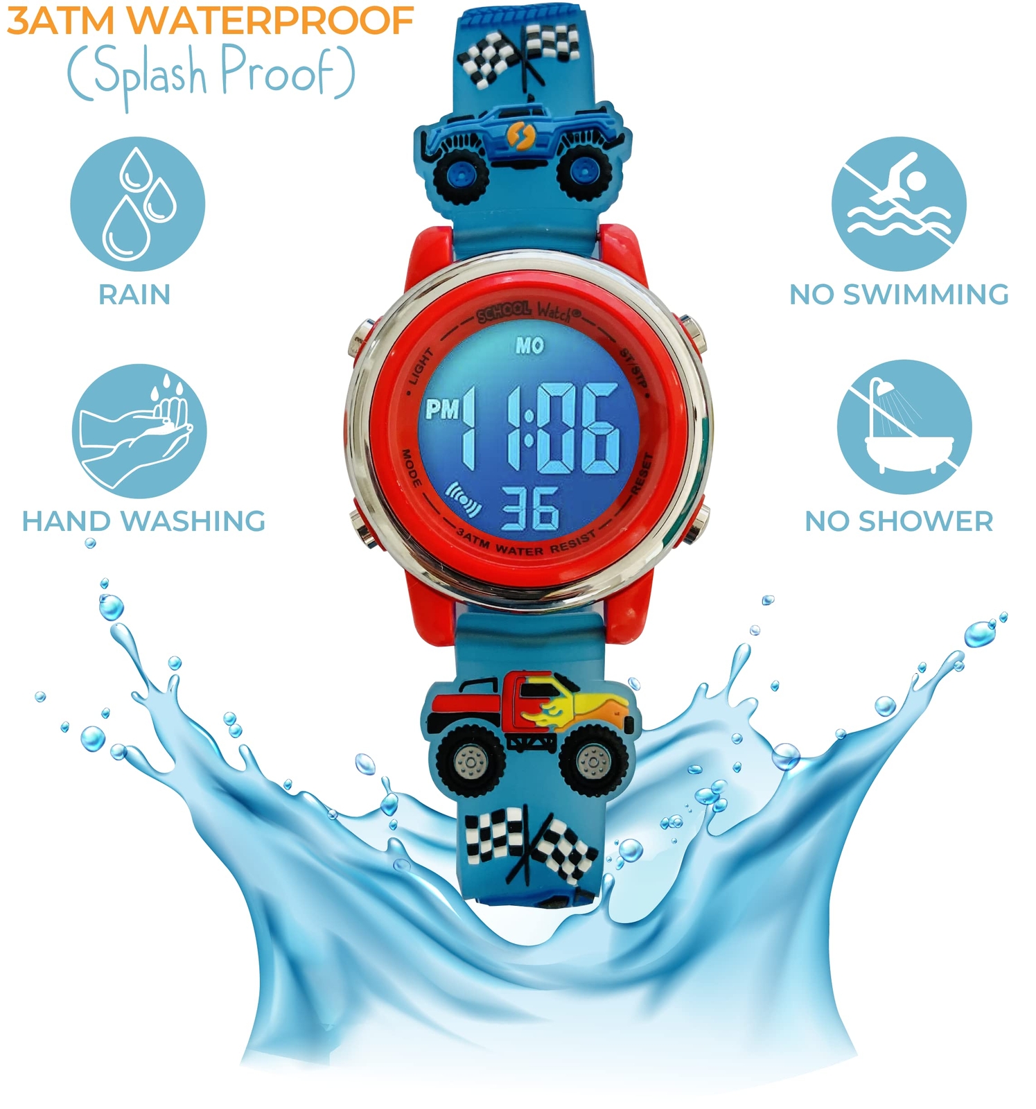Monster Truck 3D Digital Light Up Watch for Boys – Waterproof School Watch