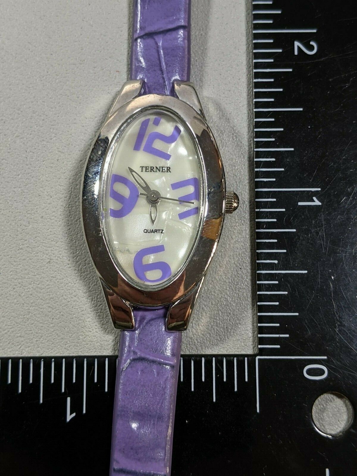 Bijoux Terner Pearlized Silver Tone Dial Oval Case Faux Leather Band Watch 8.5in