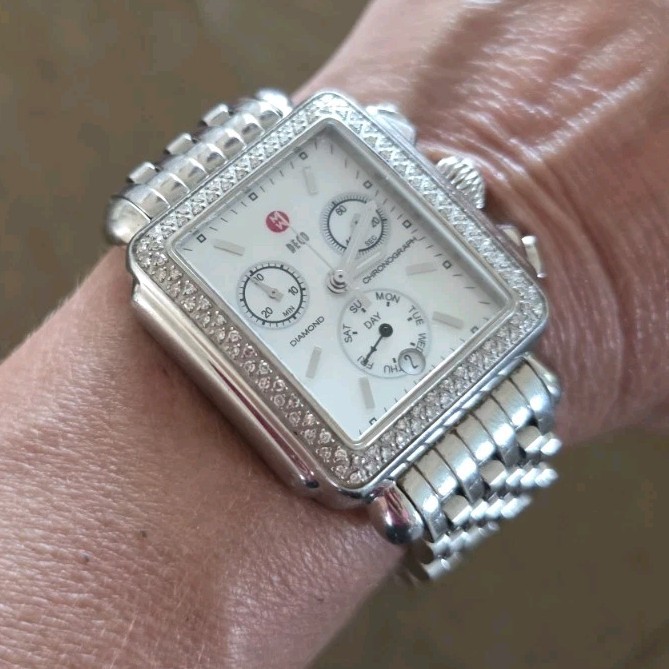 MICHELE Deco Women’s Silver Stainless Steel White Dial Diamond Chronograph 50m