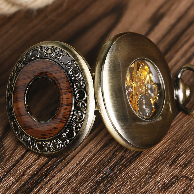 Luxury Bronze Wood Circle Hand-winding Mechanical Roman Nnumeral Pocket Watch