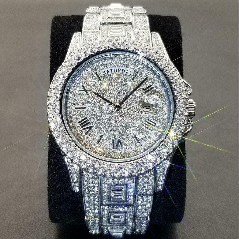 Luxury Hip Hop Ice out Mens Watch Iced Bling Diamond Waterproof Silver Fashion