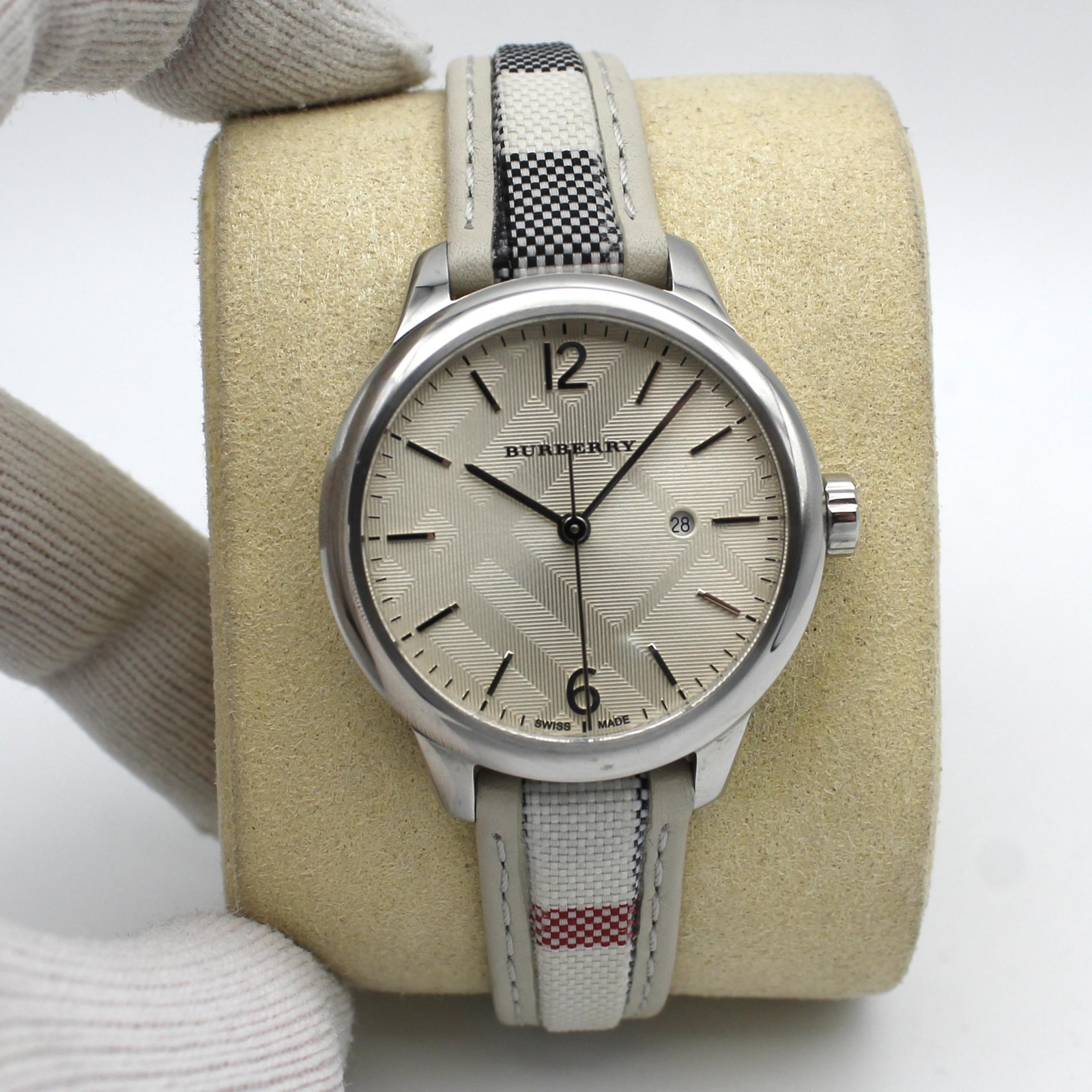Burberry The Classic Steel Silver Dial Check Strap Quatz Ladies Watch BU10113