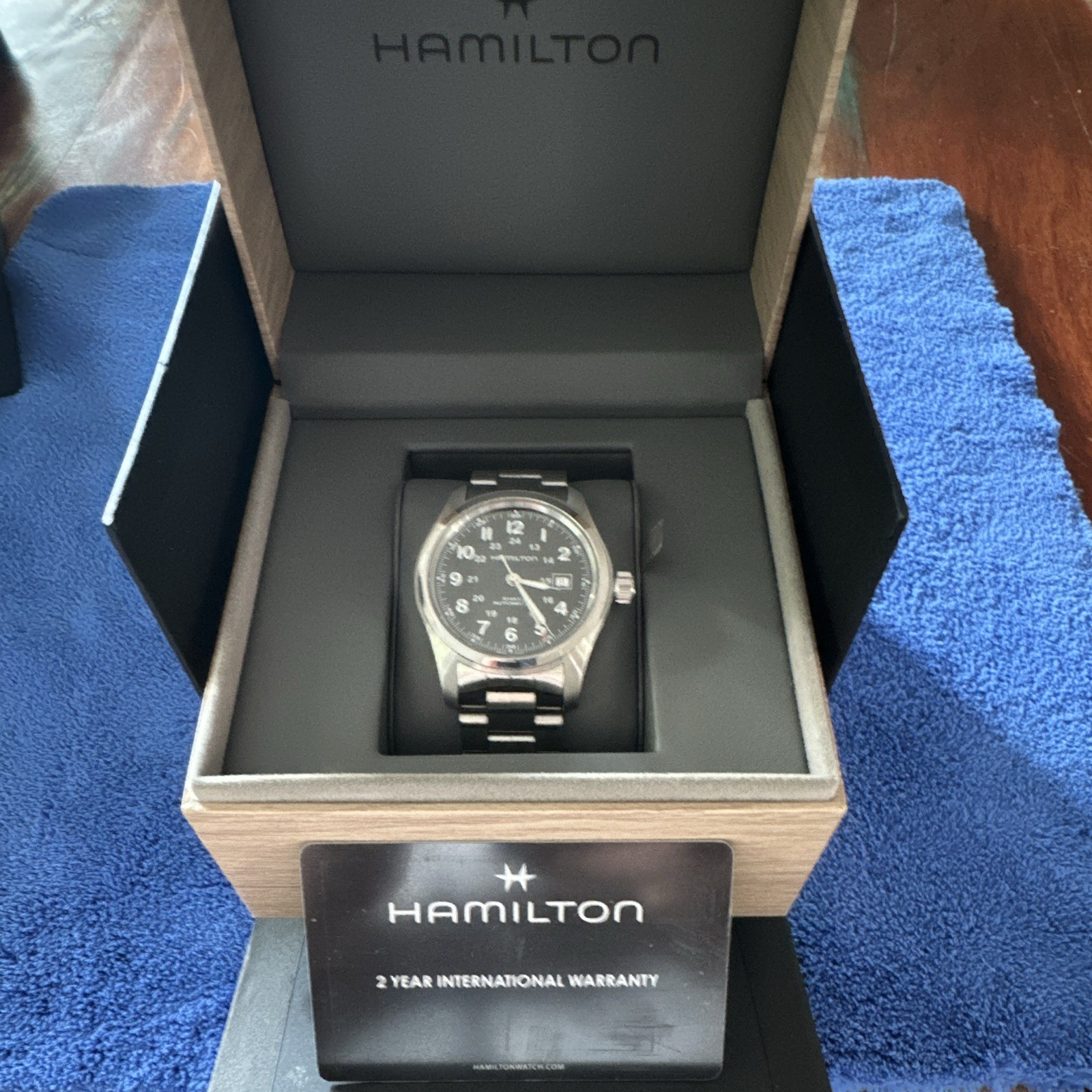 Hamilton Khaki Field Automatic 42mm Black Dial SS Bracelet 100m Box Papers