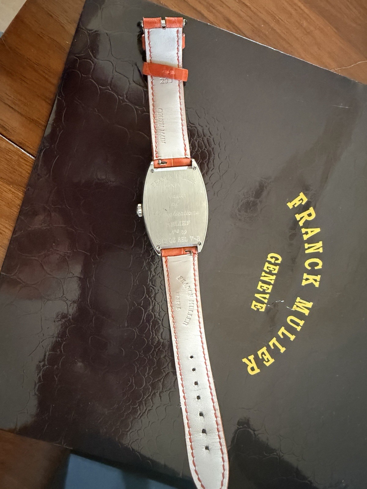 Franck Muller Relief Curvex Automatic Silver Dial Orange Leather Strap Box