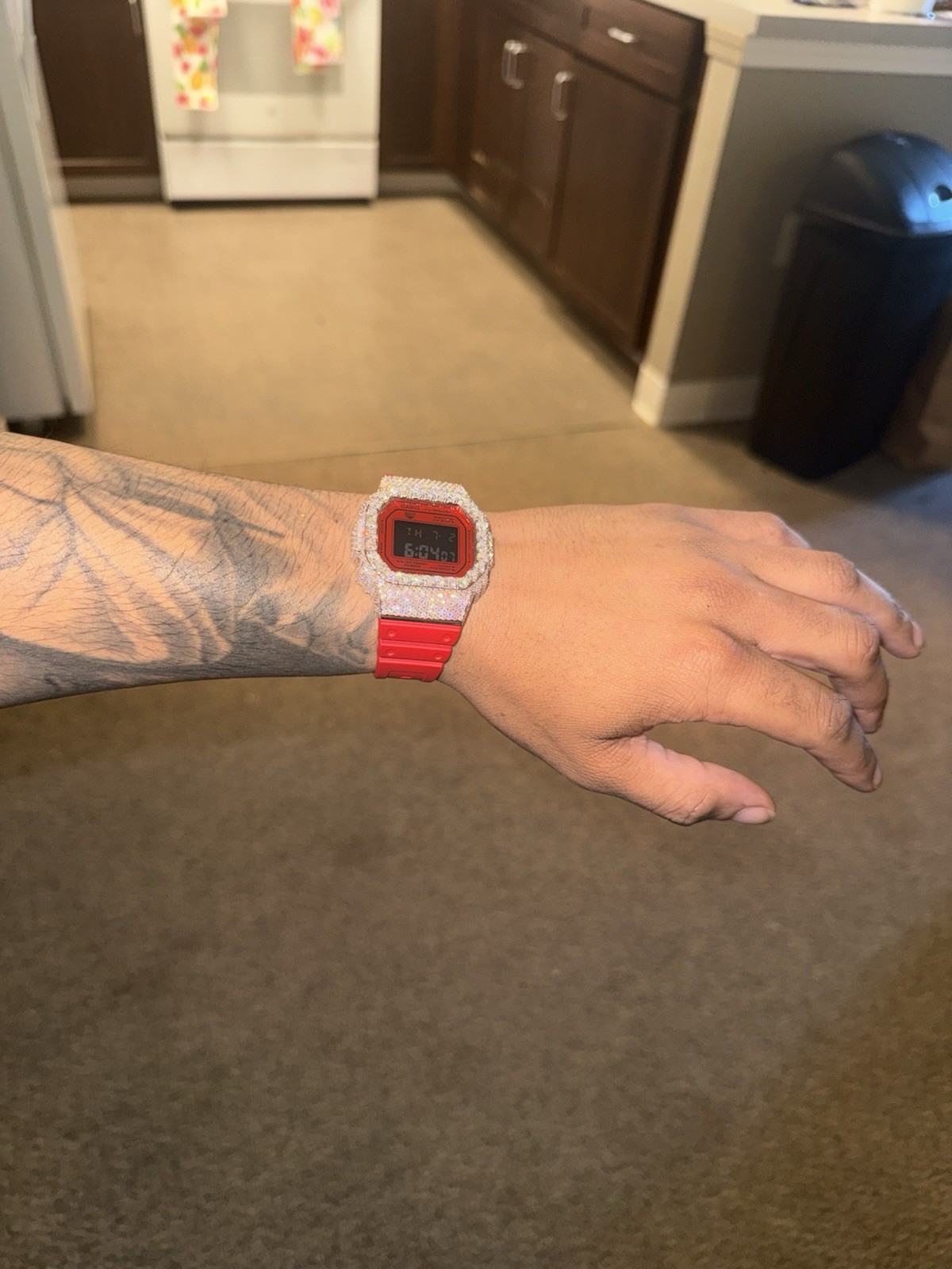 Casio G-SHOCK Digital 200m DW-5600 Red Resin Strap Custom Iced Bezel w/Box