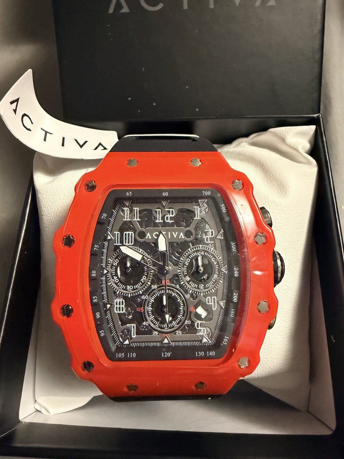 Activa Men’s Analog Chronograph Cushion Watch Red Case Black Dial Rubber w/ Box
