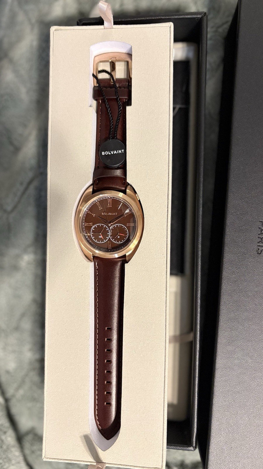 BOLVAINT Paris Aurelius Brun Gold Case Brown Dial Quartz Leather Strap Box