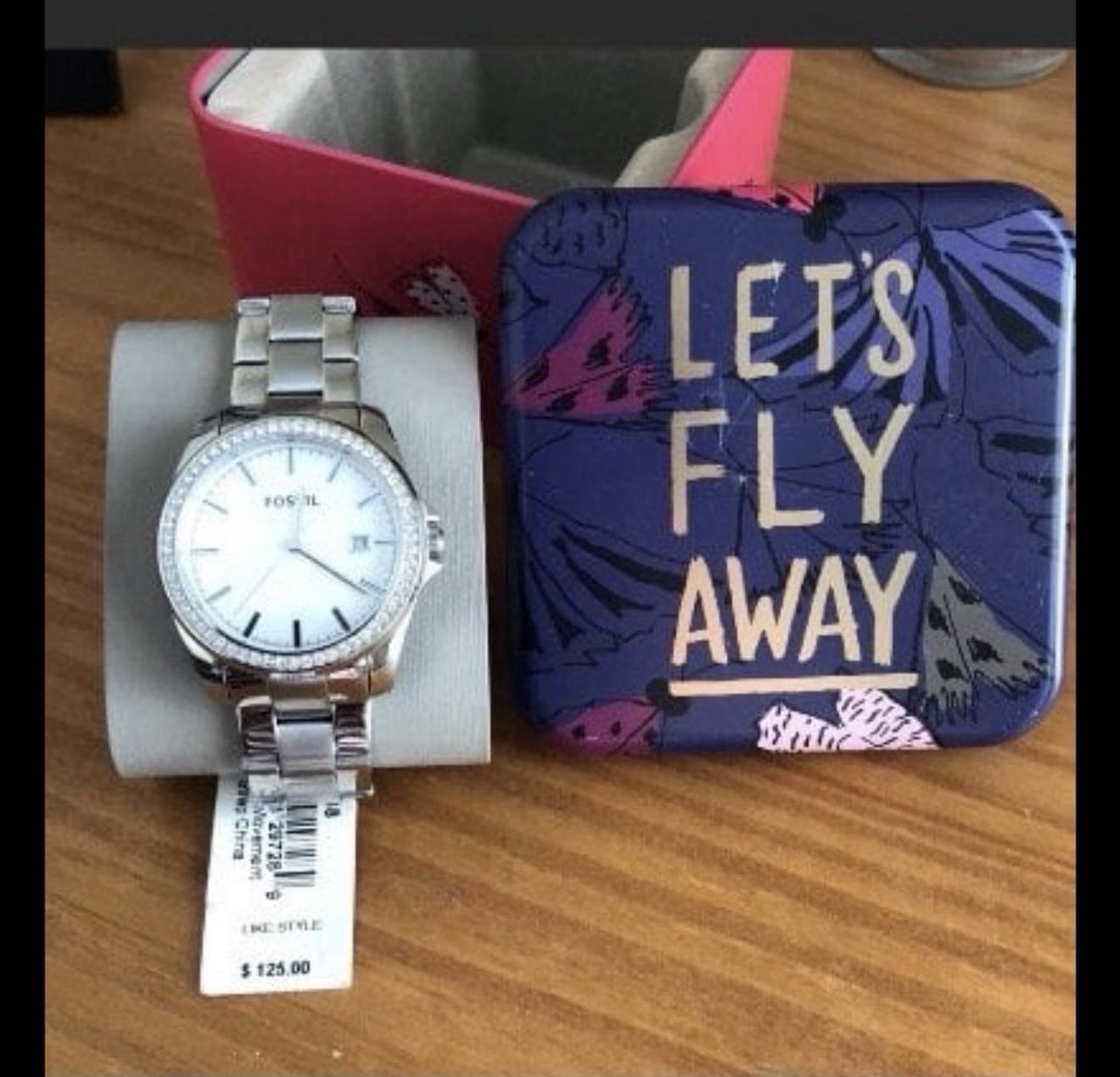 Fossil Silver Analog Wristwatch Gem-Set Bezel Date Indicator Original Box