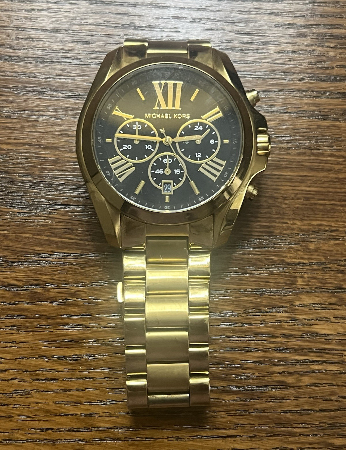 Michael Kors Gold Tone Stainless Steel Bracelet Chronograph Date Black Dial