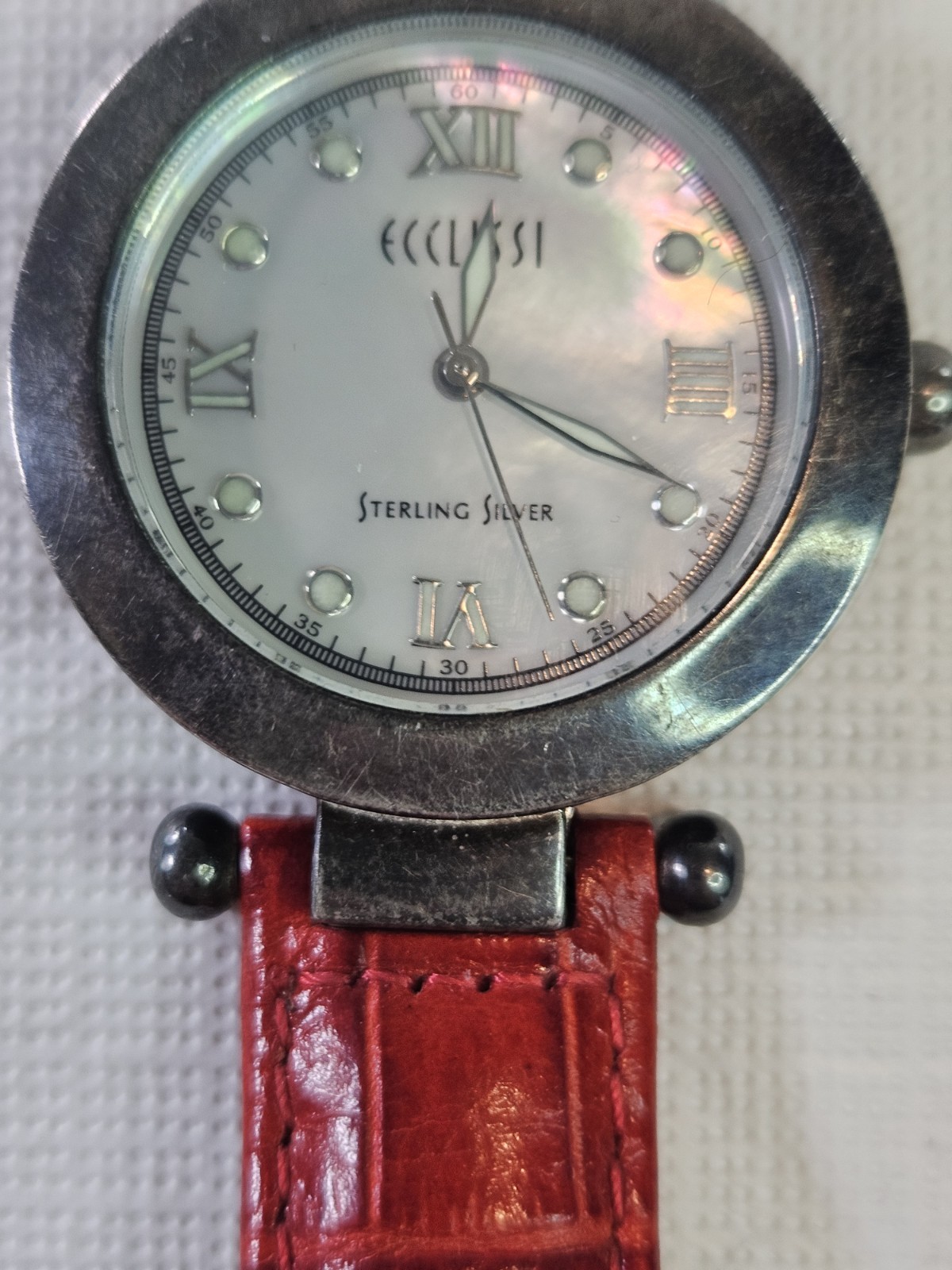 Ecclissi Sterling Silver 925 Case Mother Pearl Face Red Leather New Battery