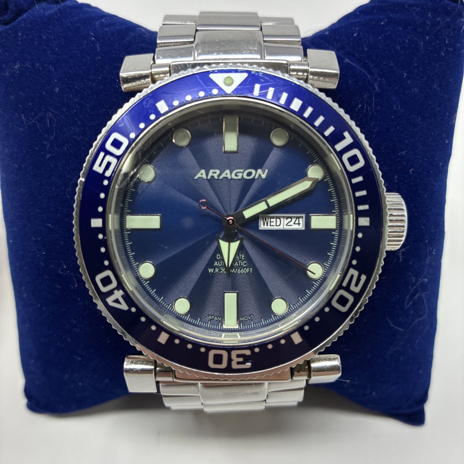 ARAGON A033 Automatic Mens Watch 50mm 24 Jewels A033 Dark Blue Dial / Bezel READ