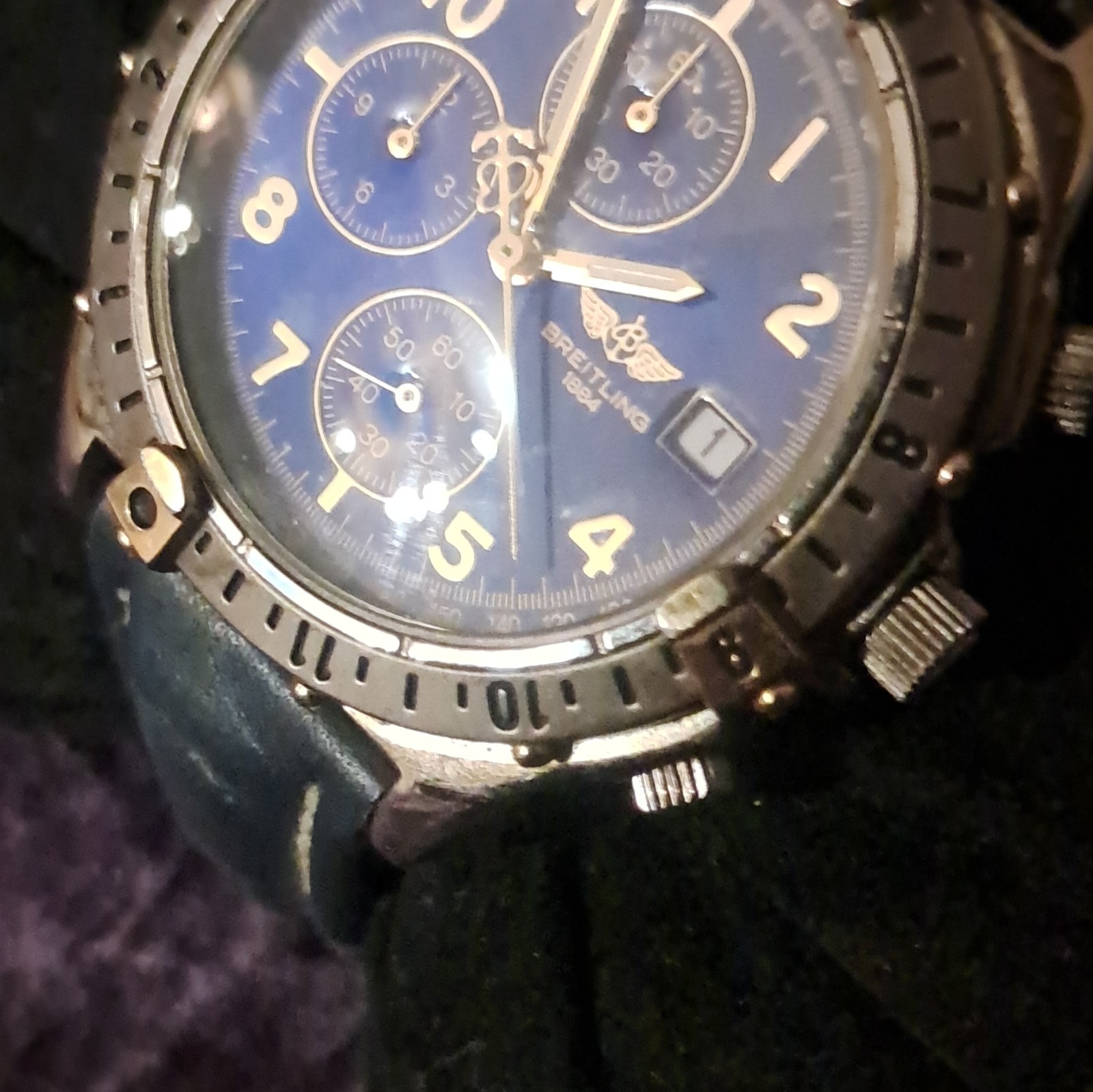 Breitling Blue Dial Chronograph Date Quartz Watch Blue Leather Strap 12-Hr