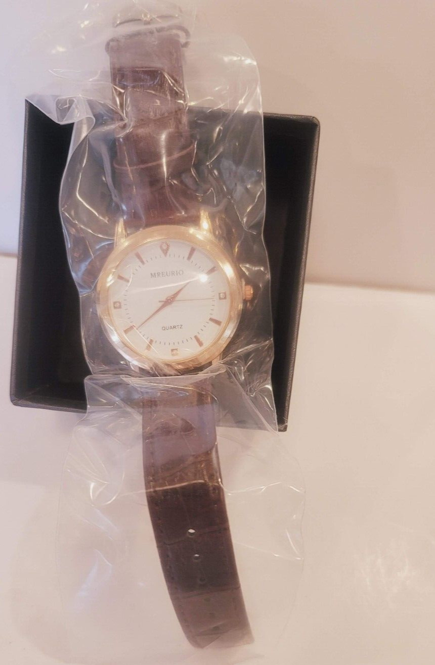 Mreurio Mens Brown Leather Band rose Gold Tone Classic Style Watch New in Box