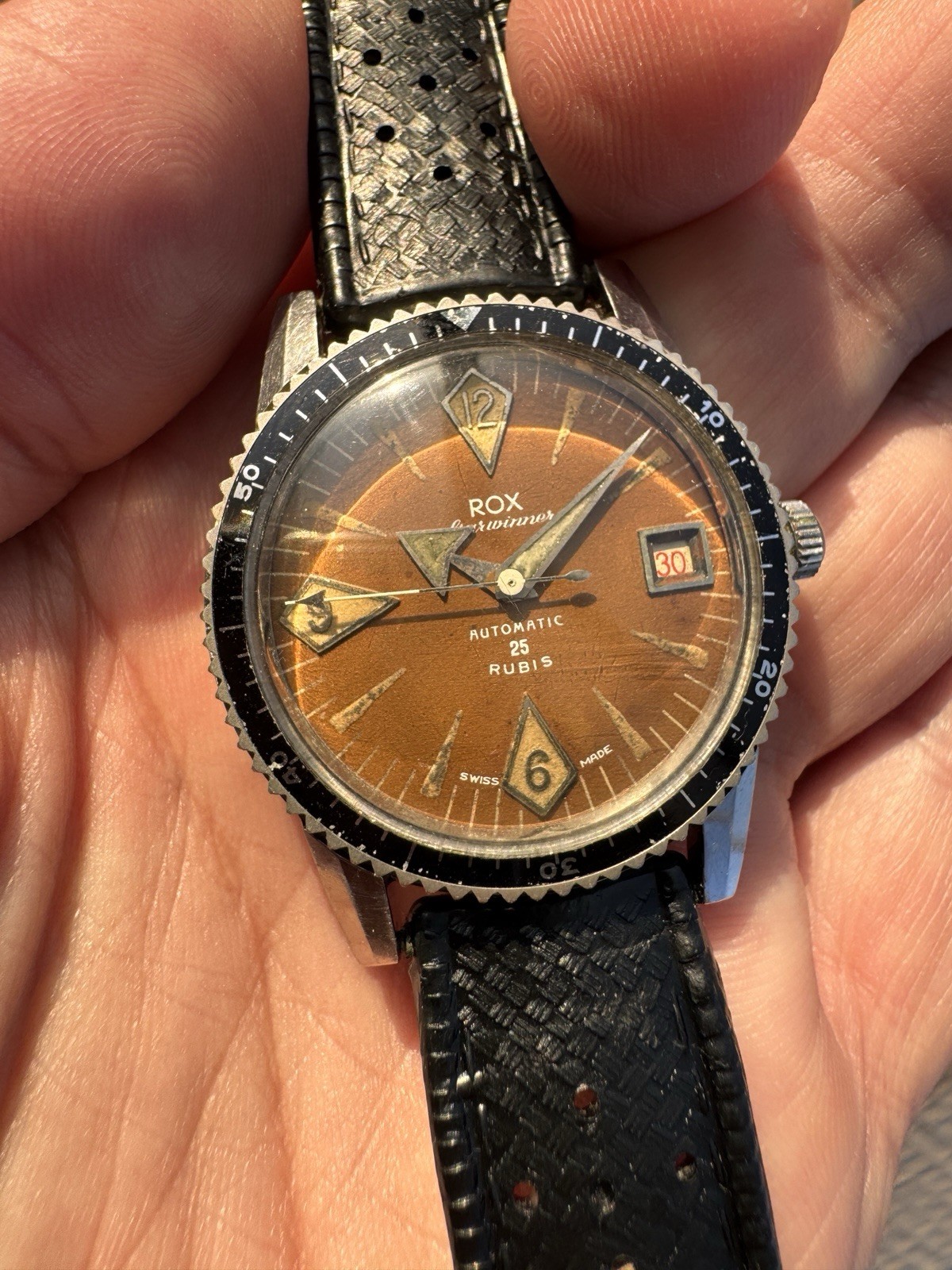 Skin Diver Rox Starwinner Automatic Rare Unique Chocolate Dial Vintage Watch