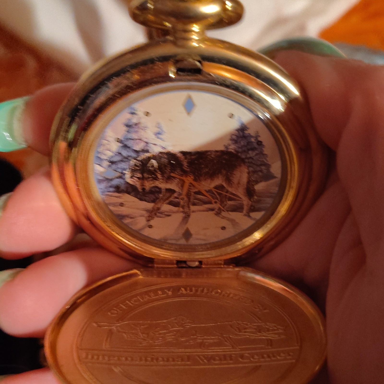 Wolf Theme Full Hunter Pocket Watch w/ Chain – Quartz – Yellow Gold Tone