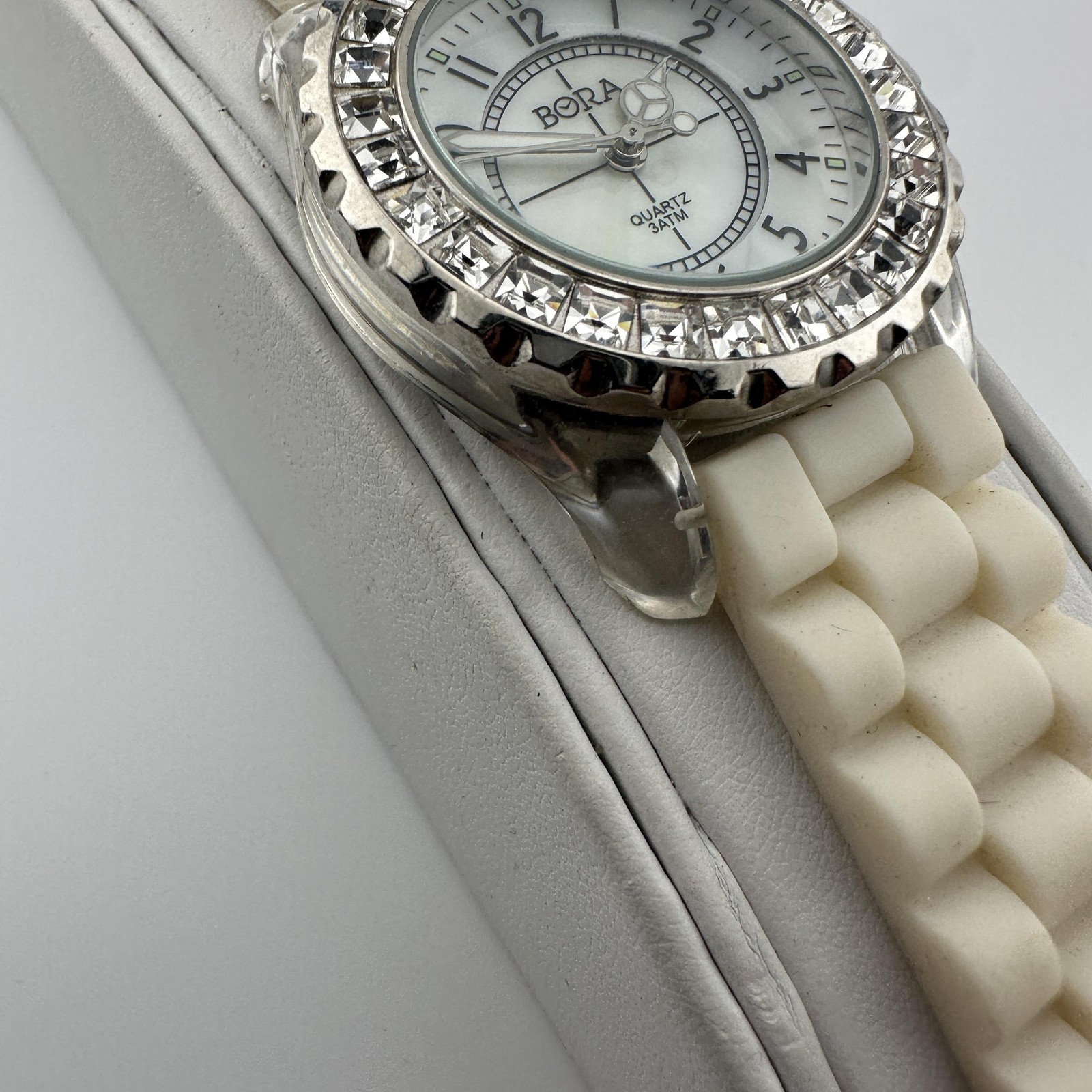 BORA Womens Watch 38mm White MOP Dial Crystal Bezel Silicone Band Quartz