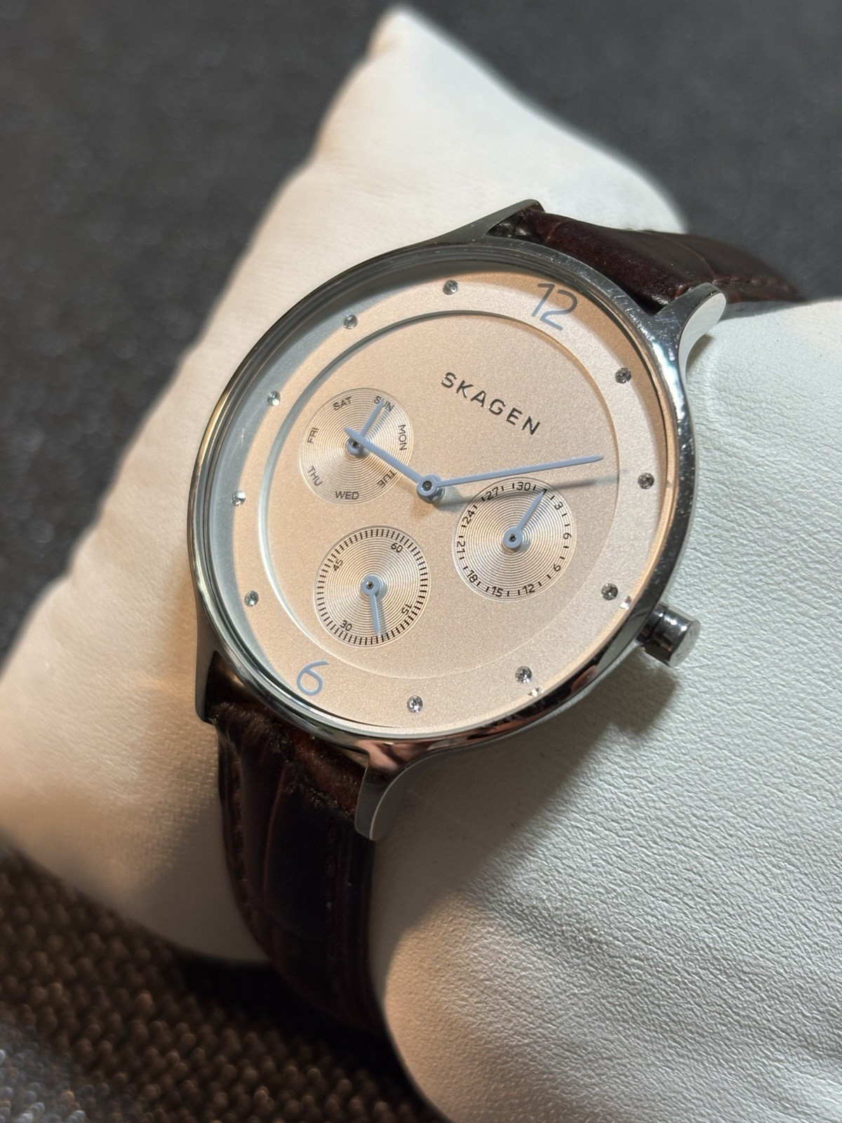 Skagen Denmark Anita Brown Leather Strap Women Watch SKW2449,Day/Date,Stainless