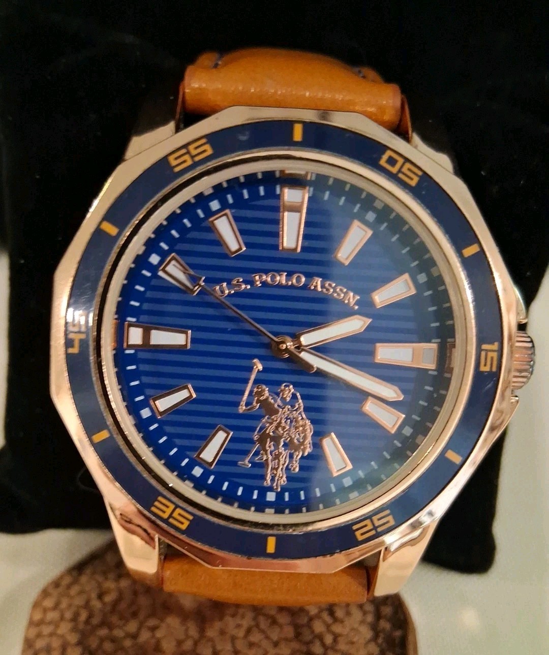 U.S. PoloAssn. Men’s Quartz BlueStripeDial &Blue/GoldBezel,&Brown Leather Strap
