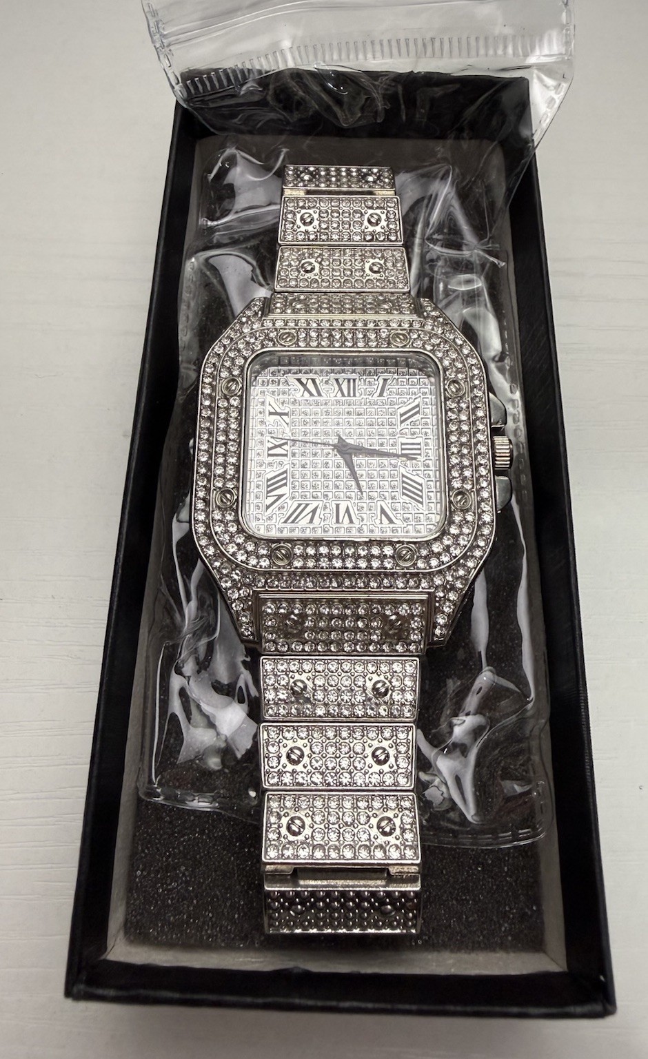 Iced Out Caquo Men’s Luxury Mosaic Diamond Pattern Silver Stainless Steel Watch