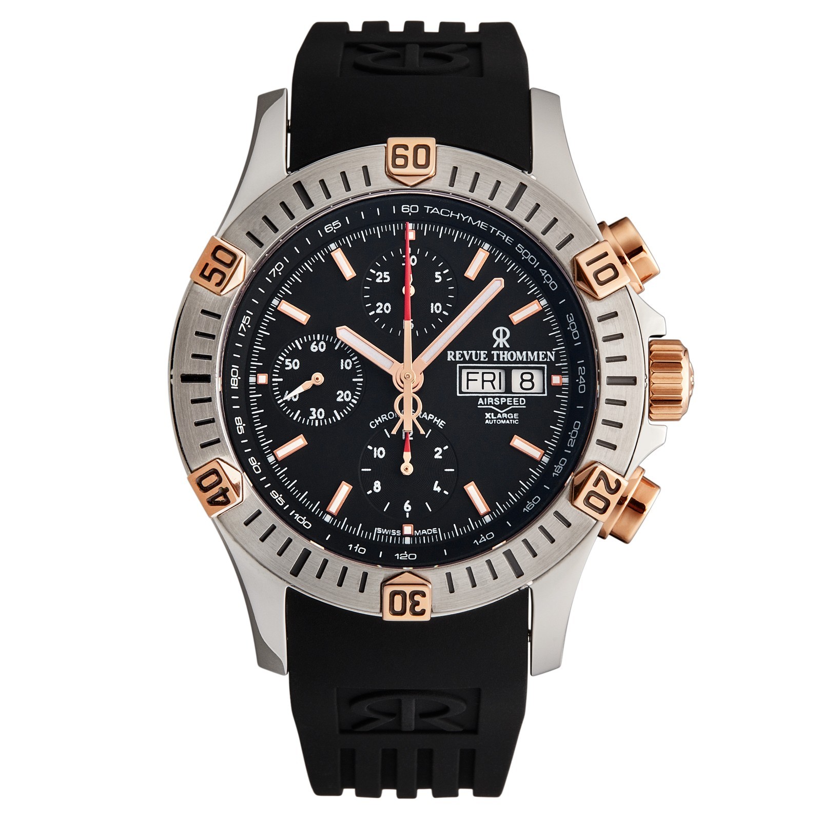 Revue Thommen Airspeed Chrono Auto Day-Date Black Dial Rubber 16071.6859