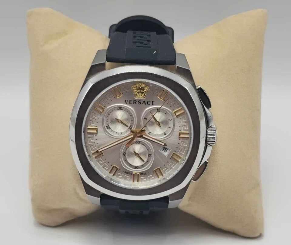 Versace Men’s Swiss Chronograph Geo Black Silicone Strap Watch 43mm