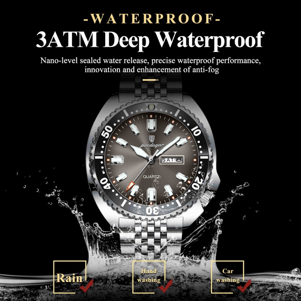 POEDAGAR Men Date Week Waterproof Luminous Casual Stainless Steel Quartz Watch