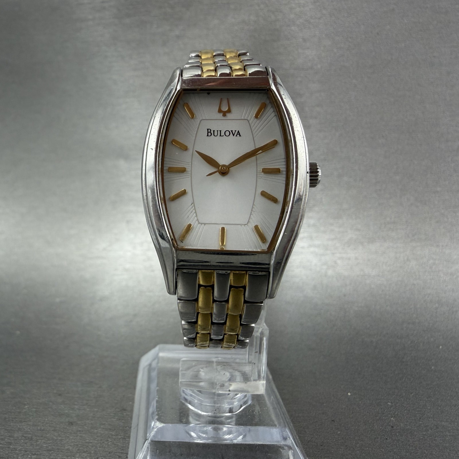 Bulova Watch Women 26mm White Dial Two Tone Tonneau 98L145 New Battery