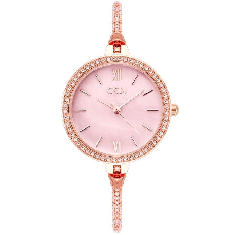 18K Rose Gold Filled Crystal Round Face Adjustable Slide Bracelet Quartz Watch