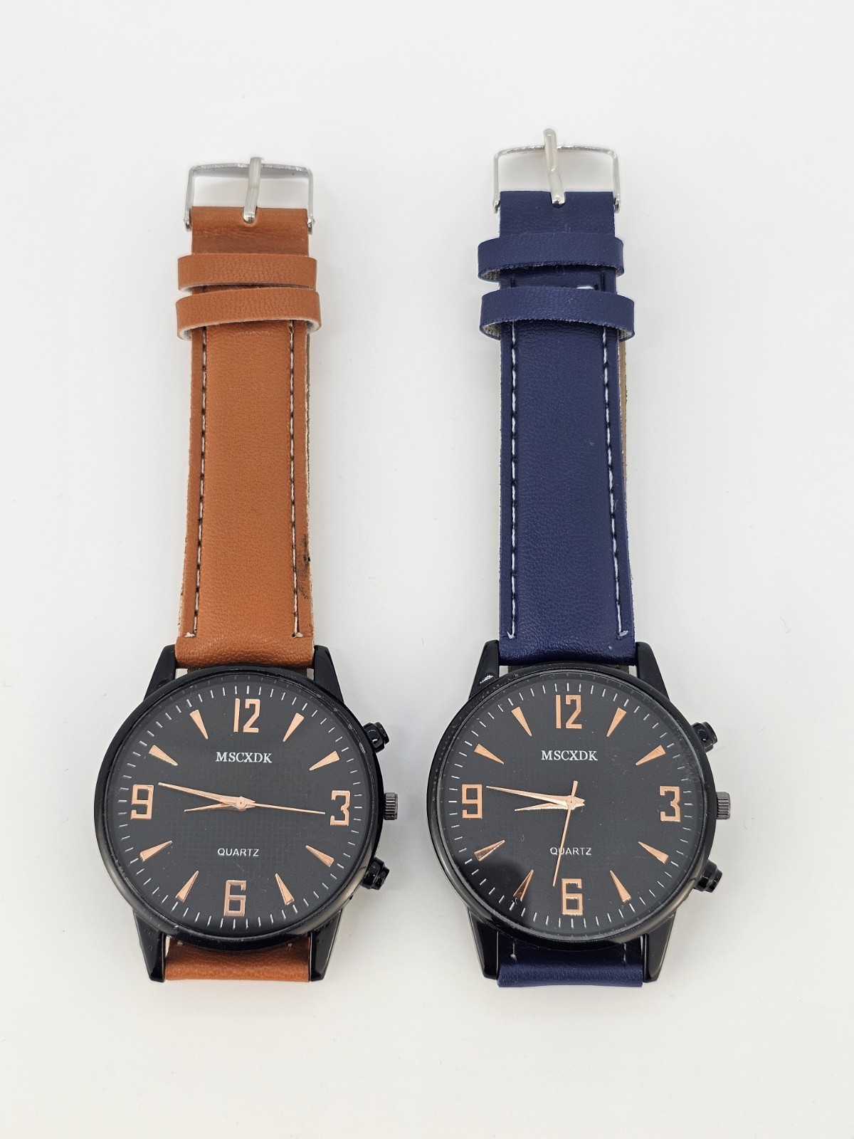 2X Men’s Analog Watches 40MM Black Dial Brown Blue Faux Leather Band New Battery