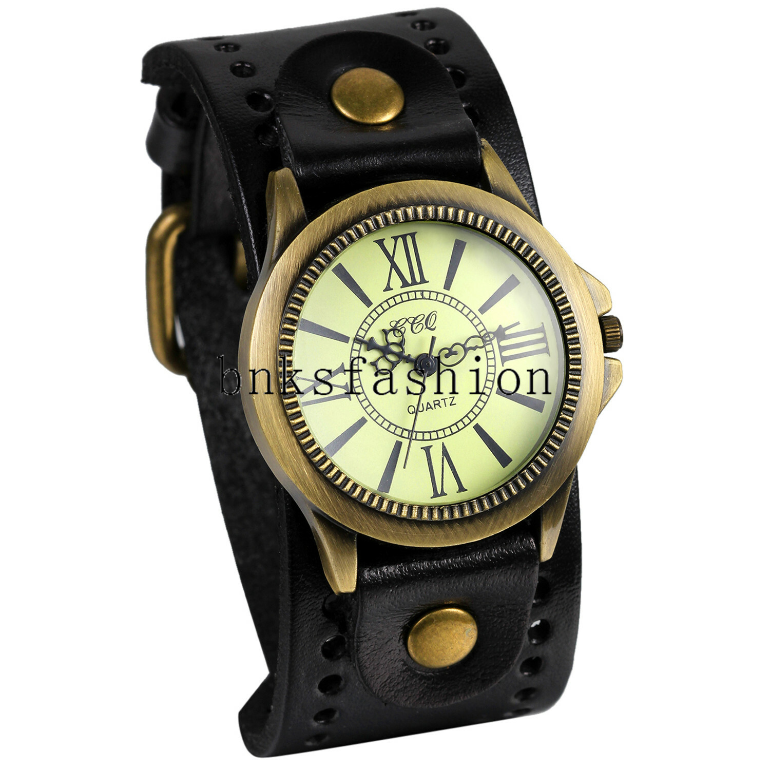 Unisex Vintage Round Dial Leather Strap Cuff Roman Numeral Analog Quartz Watch