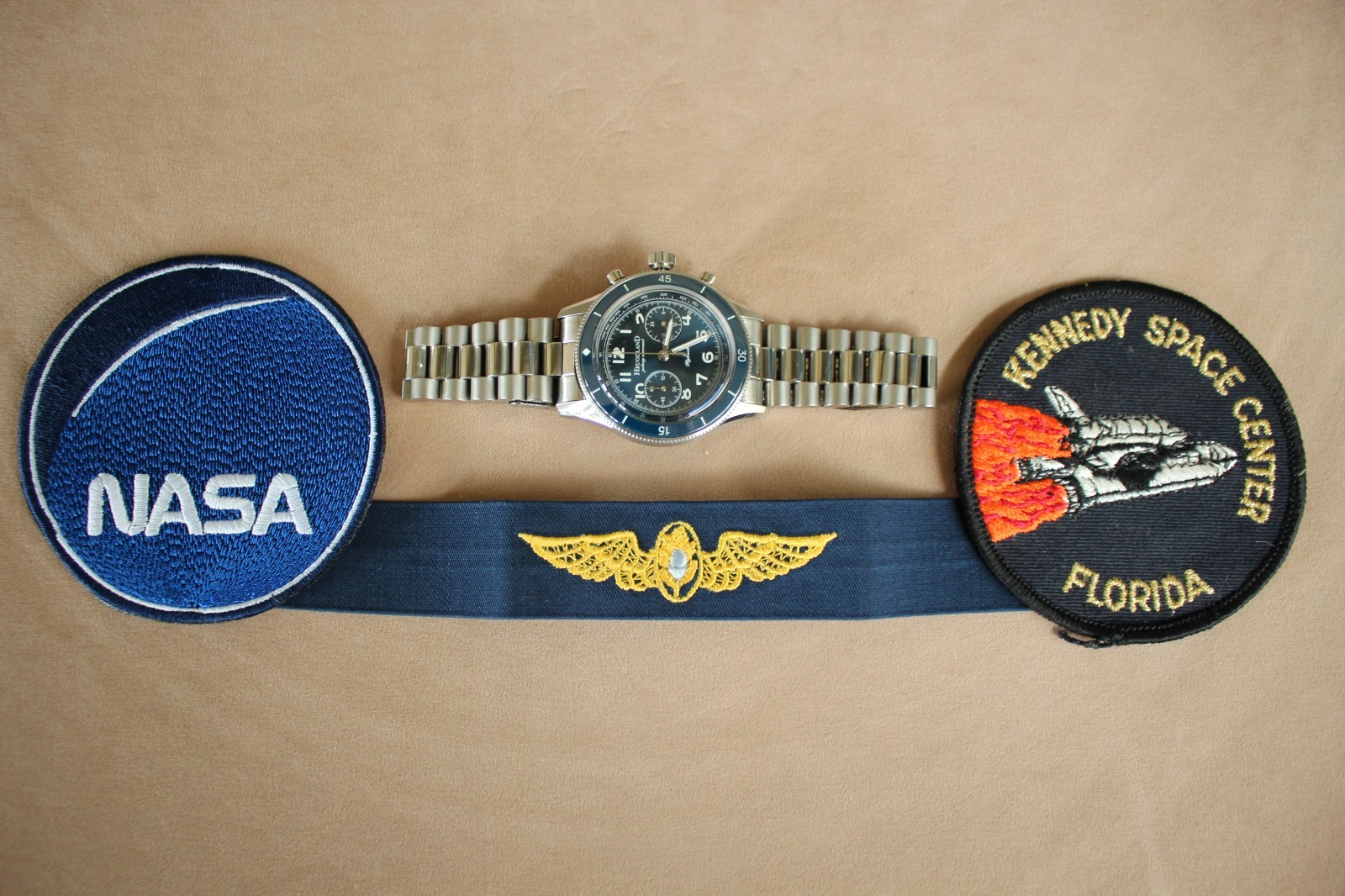 NASA SPACEPORT TRAINING FLIGHT SURGEON BLUE DIAL CHRONOGRAPH WATCH PATCH BOX SET