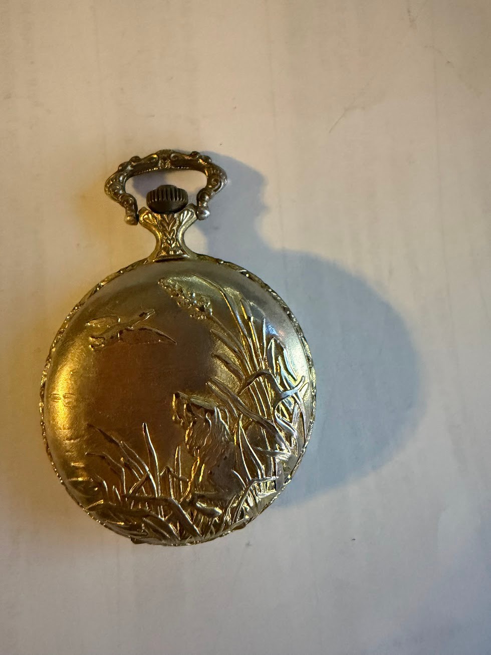 Vintage Armitron Quartz Pocket Watch Gold Tone Duck Hunting Scene