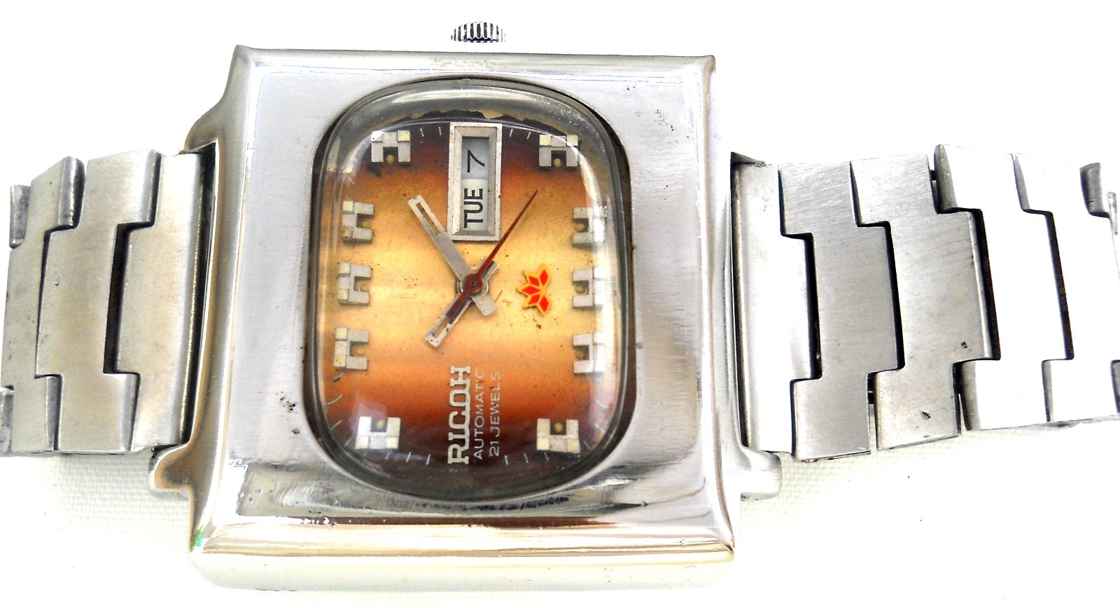 Vintage Ricoh Automatic 21 Jewels TV Dial Watch 1970s Sunburst Brown Japan Rare