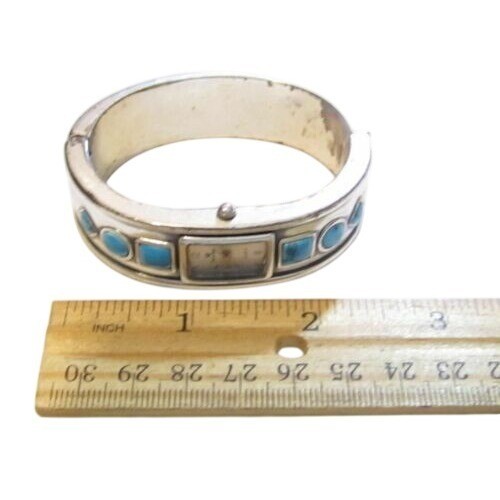 Signed Premier Designs Faux Turquoise Cab Silver Plated Bangle Wristwatch