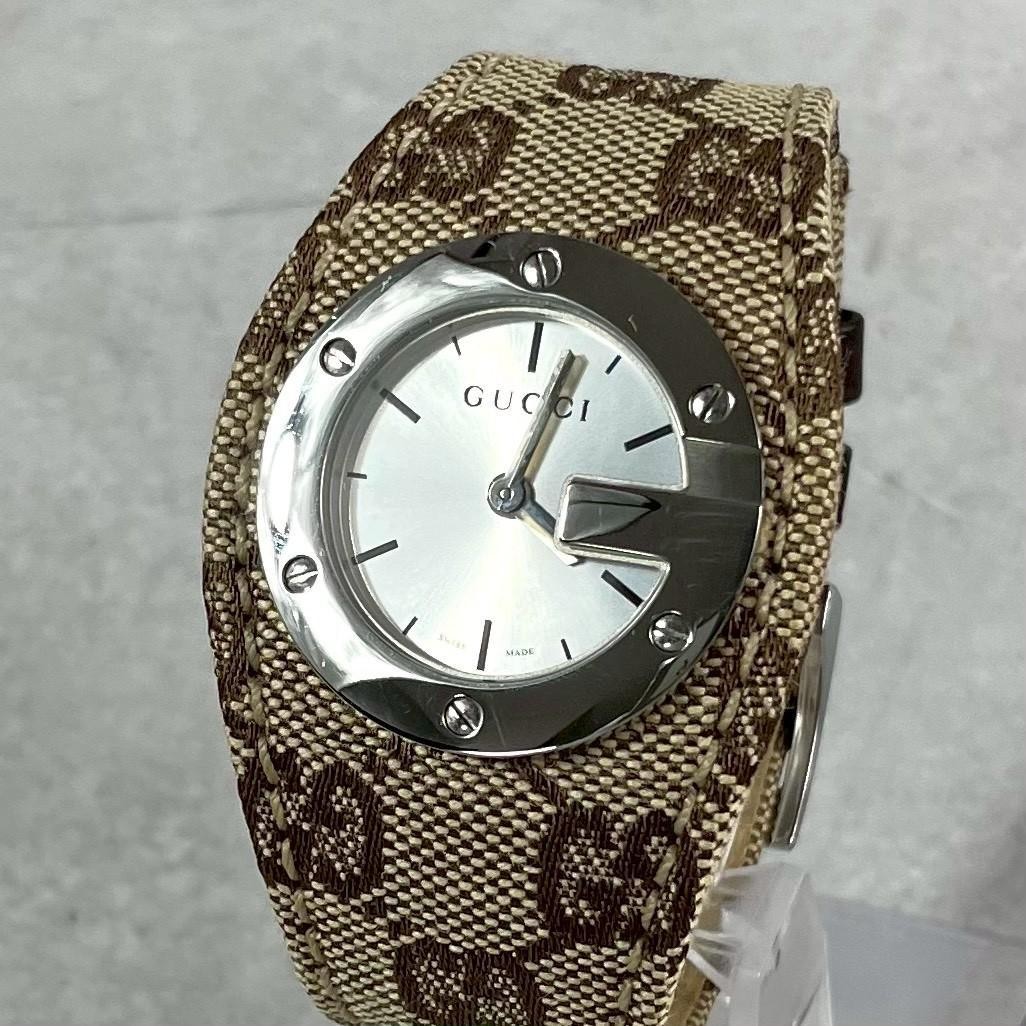 Gucci 104 G-Face Quartz Silver Dial GG Canvas Leather Men’s Unisex Watch Working