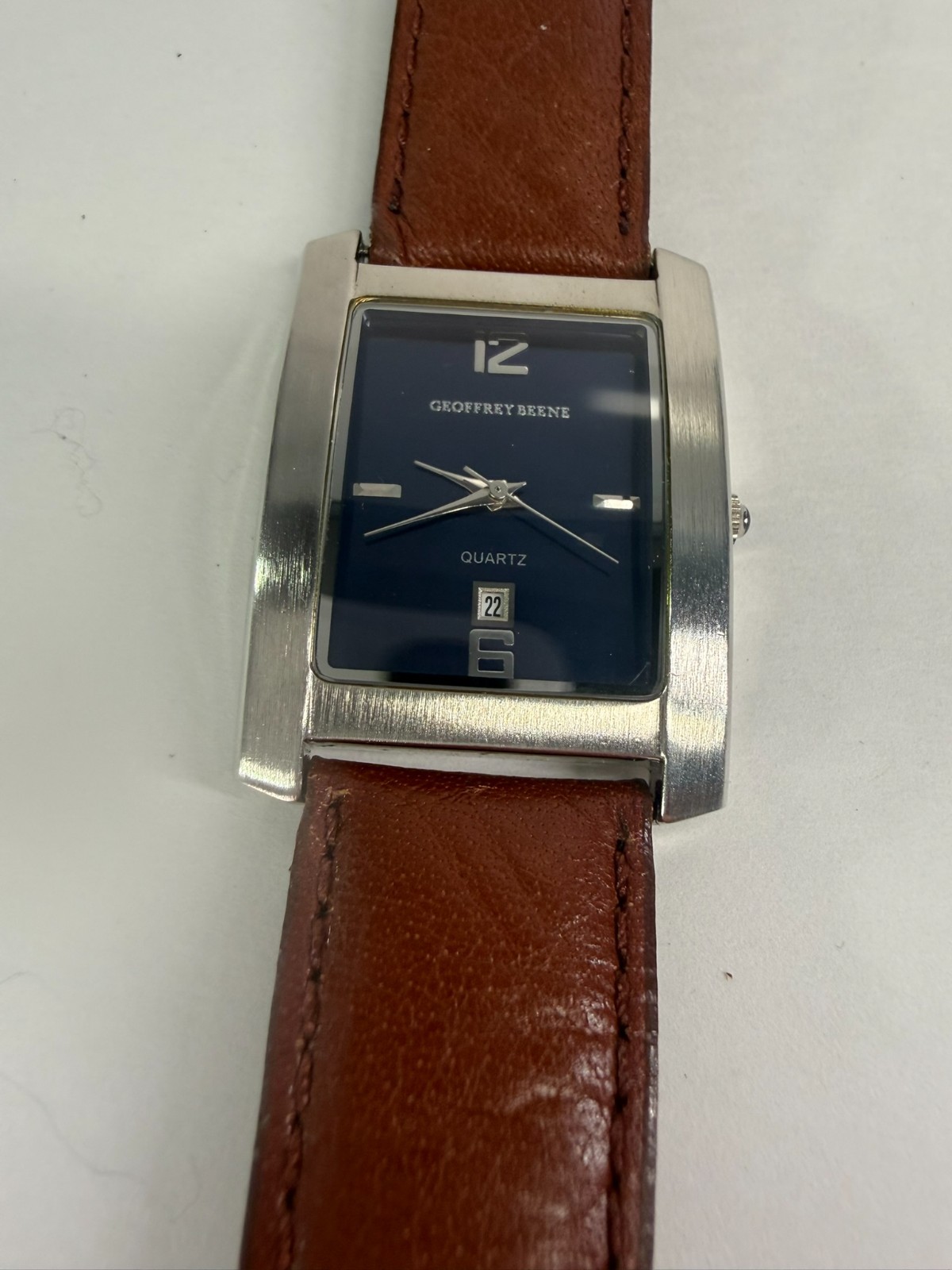 Geoffrey Beene GBM165 Wide Rectangular Navy Blue Dial Date Brown Leather Watch