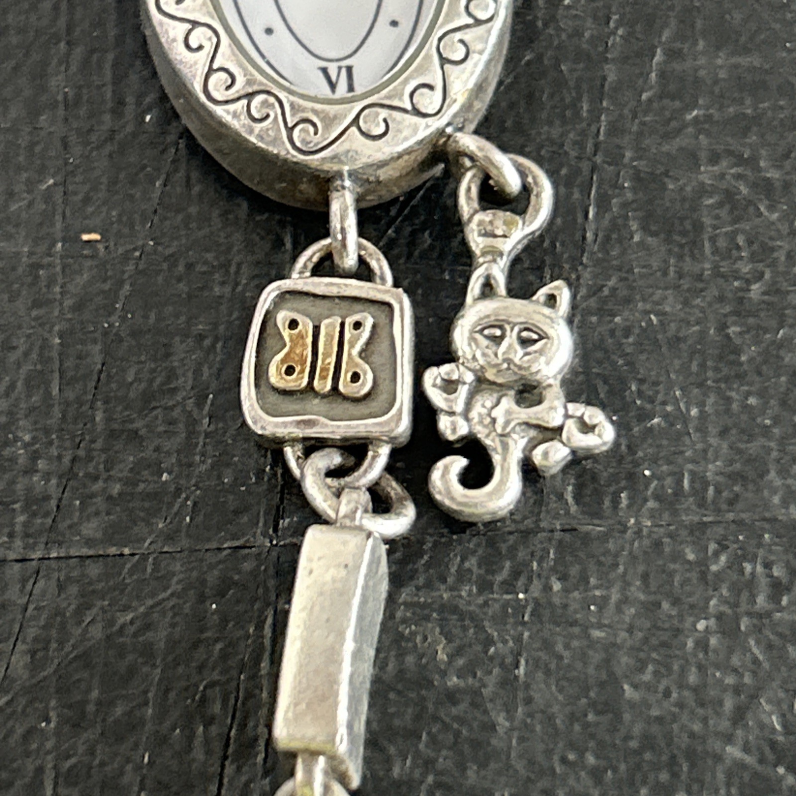 Brighton Pedigree Cat Silver Plated Filigree Chain Women’s Oval Watch New Batt.