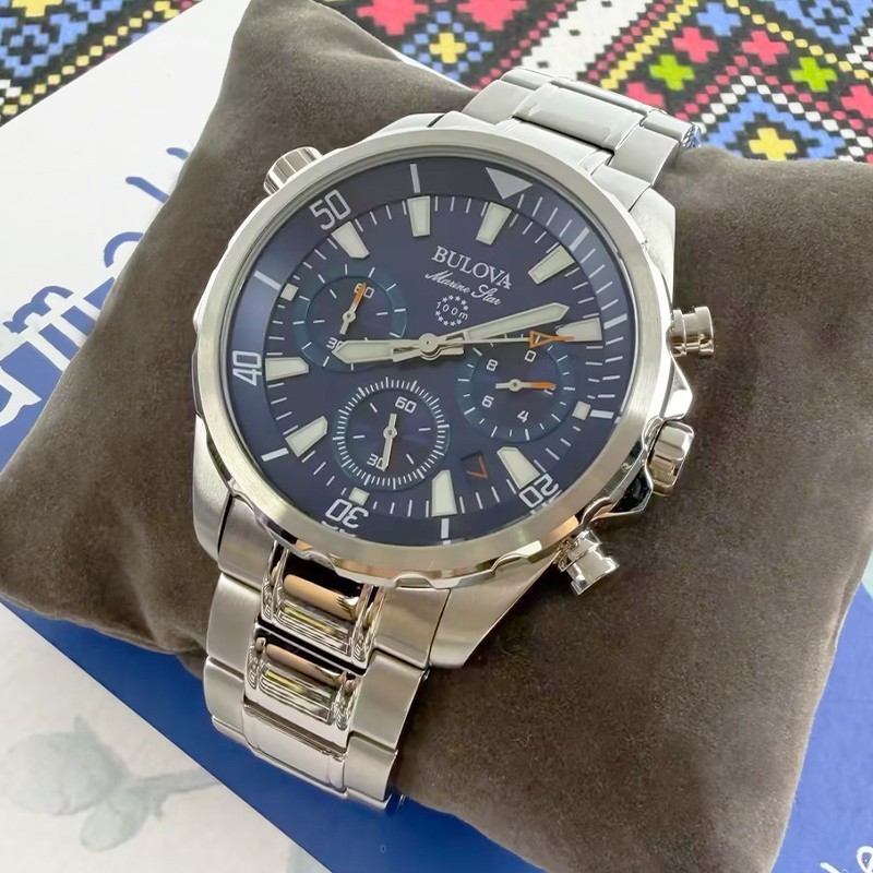 Bulova Classic Marine Star Men’s 96B256 Blue Dial Silver Steel Quartz Watch 43mm