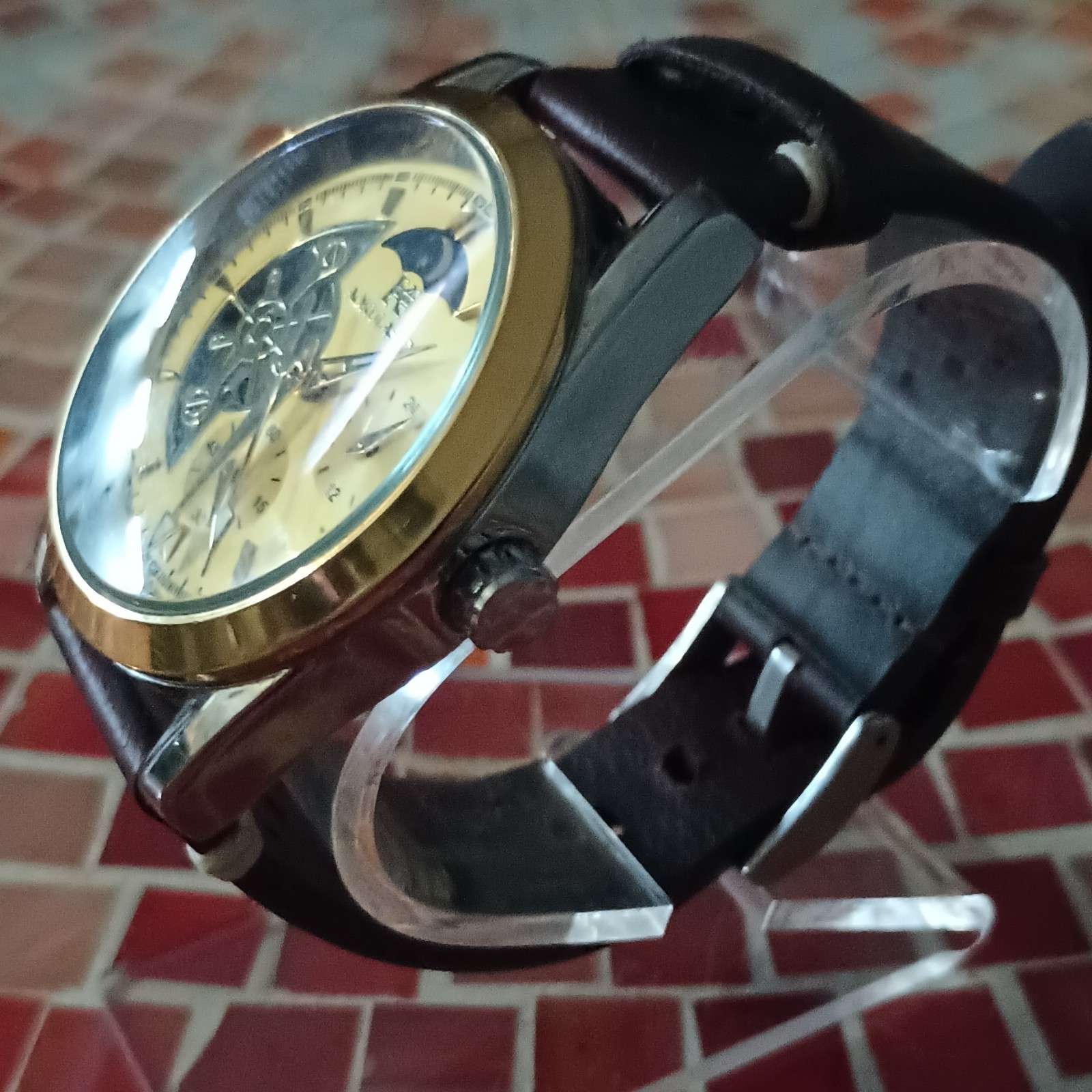 Aokulabic Men’s Automatic Skeleton Gold Dial 40mm Moon Phase