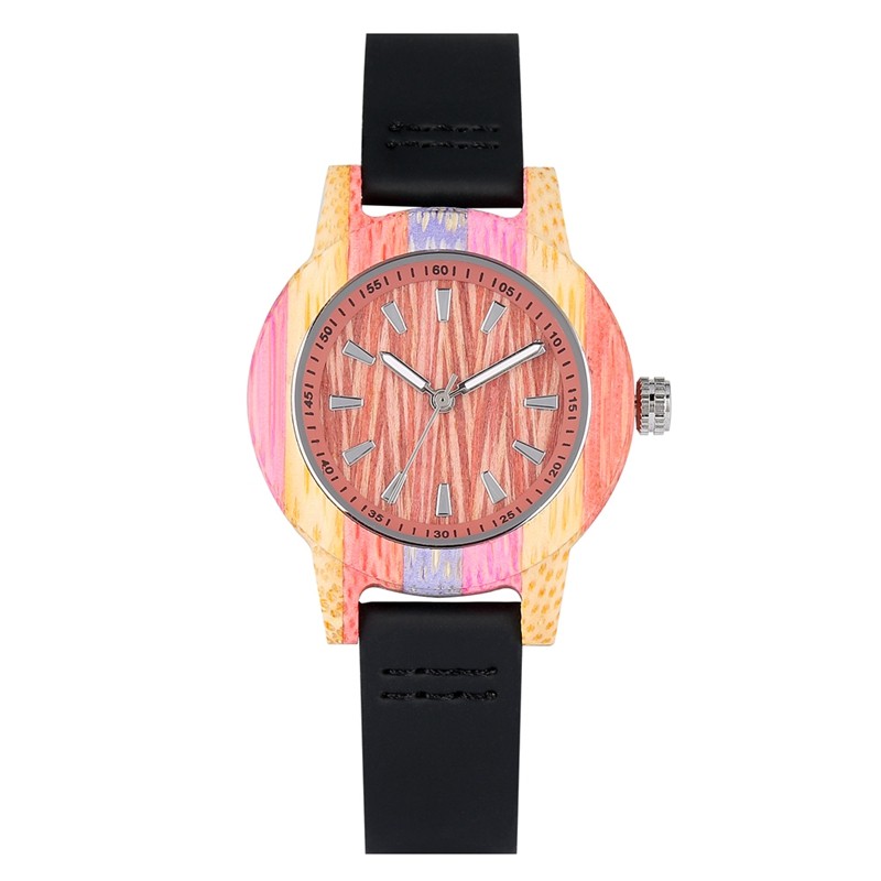 Multicolour Bamboo Case Watch Ladies Luminous Hands Brown Black Strap Options