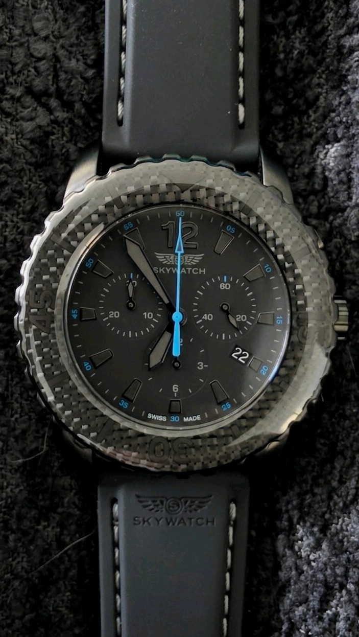 Skywatch 1019 Chronograph Watch 46mm, Black, Swiss Made, Carbon Fiber