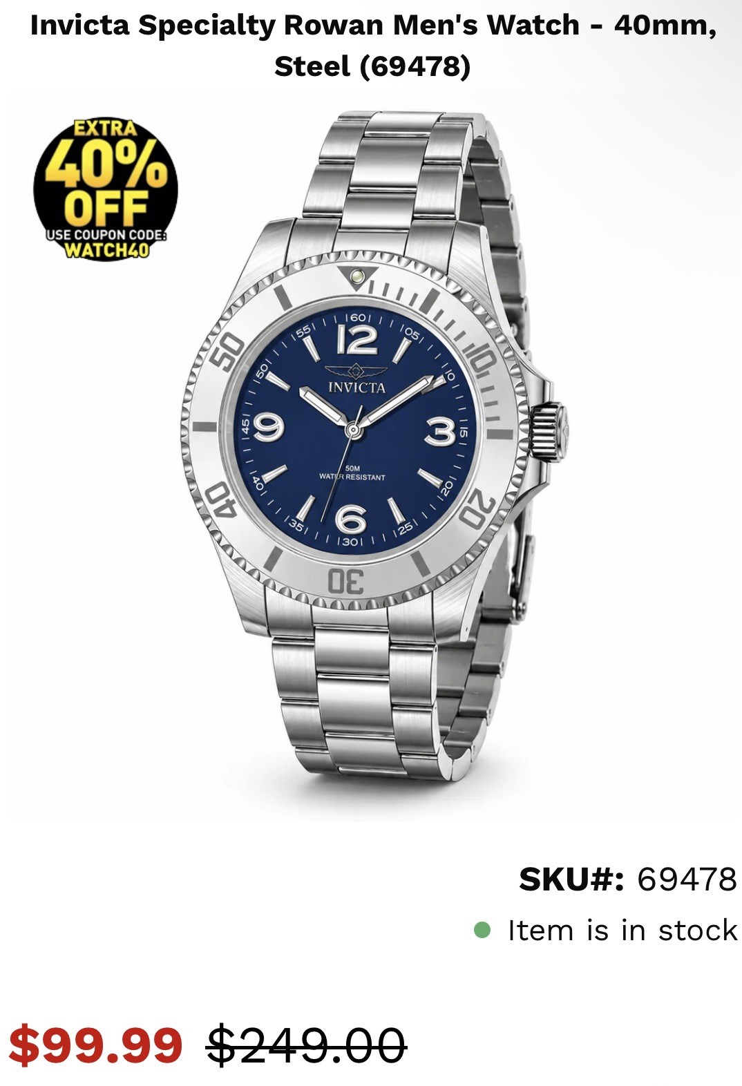 Invicta Specialty Rowan Men’s Watch Blue Dial Silver Bezel 40mm Quartz New 69478