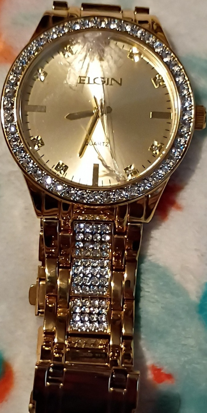 Elgin Women’s Dress Quartz Analog Wristwatch Gem-Set Bezel Gold Bracelet