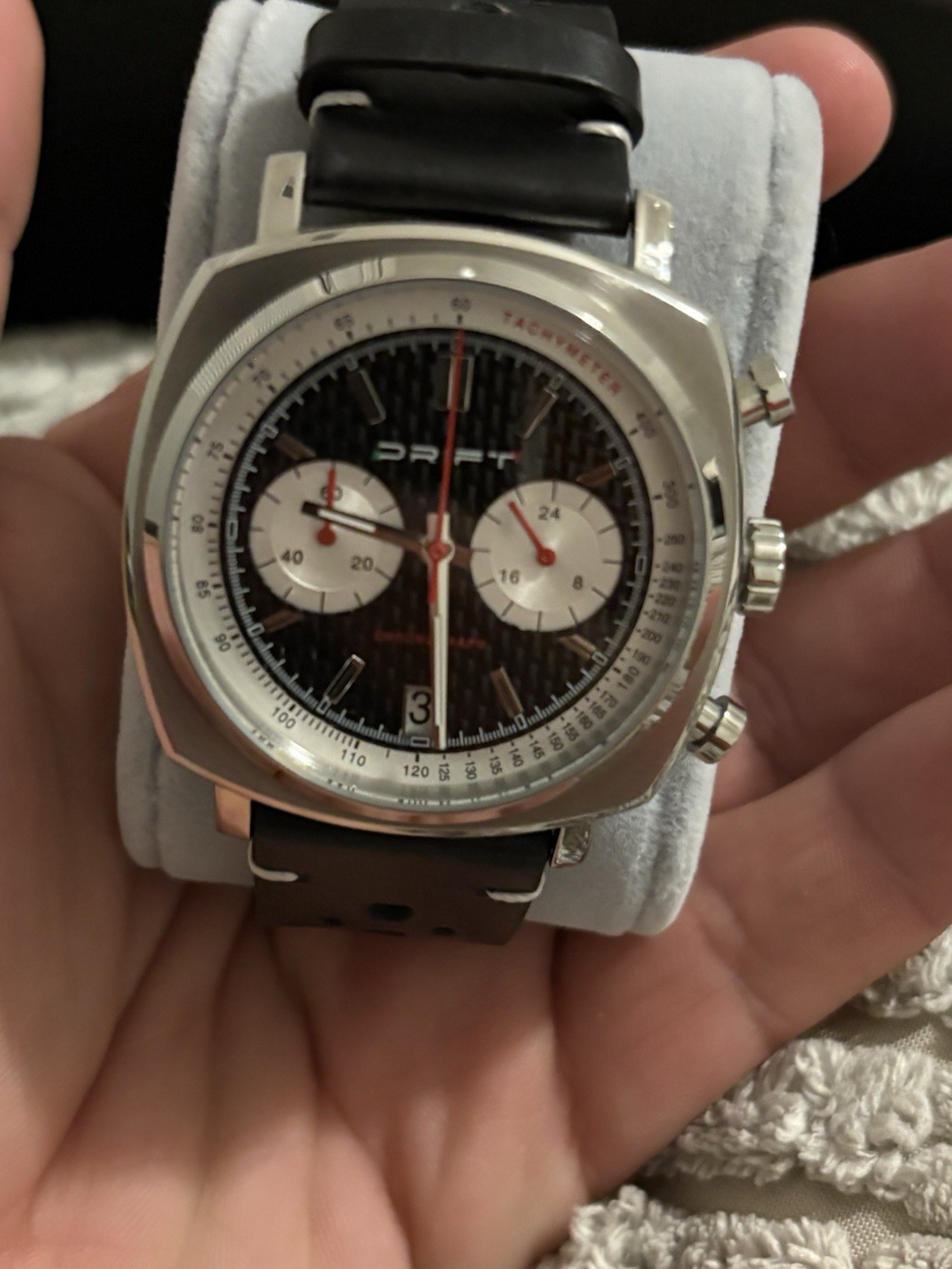 Drift Chronograph Watch Tachymeter Black Dial Date Racing Style Stainless Steel