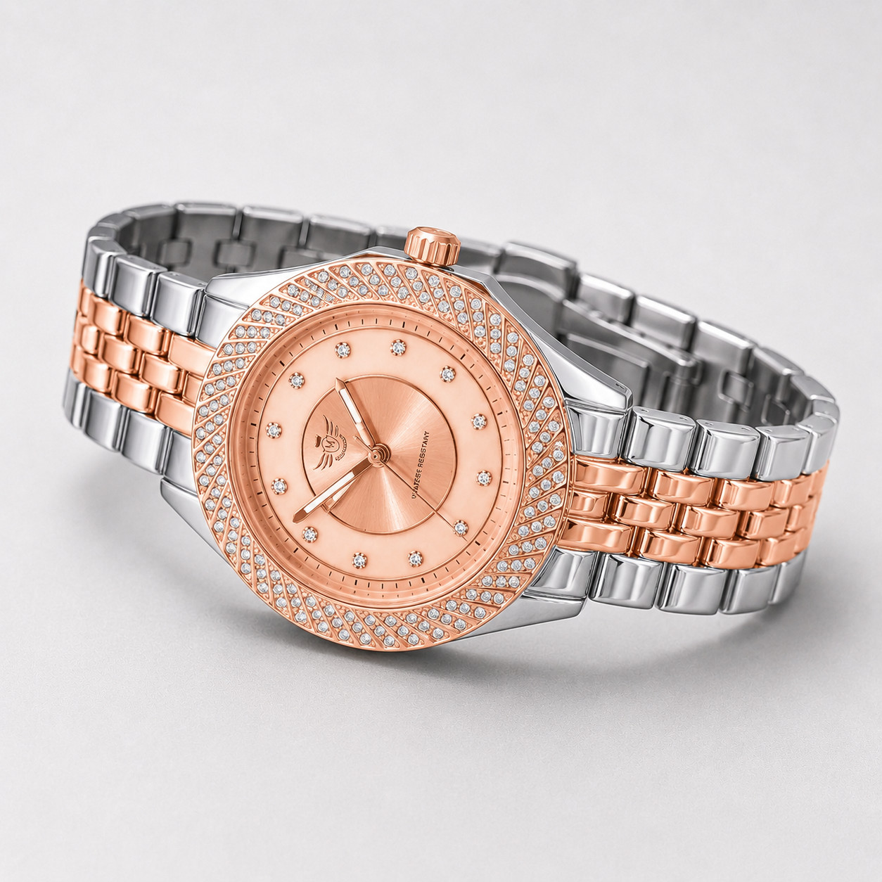 Mens Iced Out Watch Rose Gold Silver Two Tone Crystal Bezel Quartz 43mm